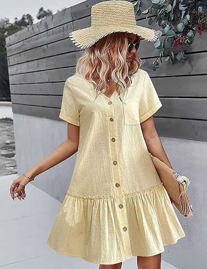 Women's Button-Front Cotton-Linen Midi Dress with Ruffle Hem and Short Sleeves