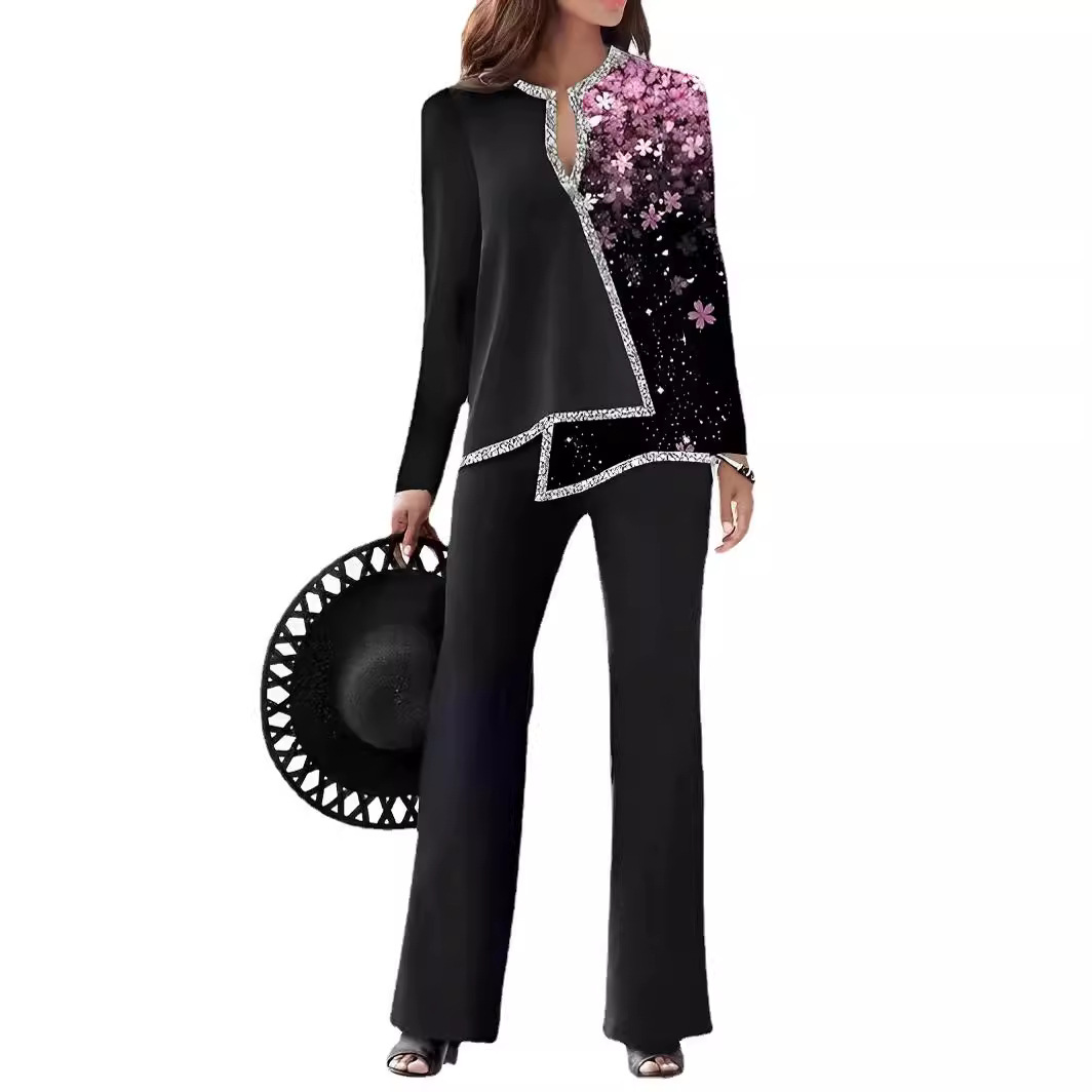 3D Digital Print V-Neck Asymmetric Shirt & Pants Set