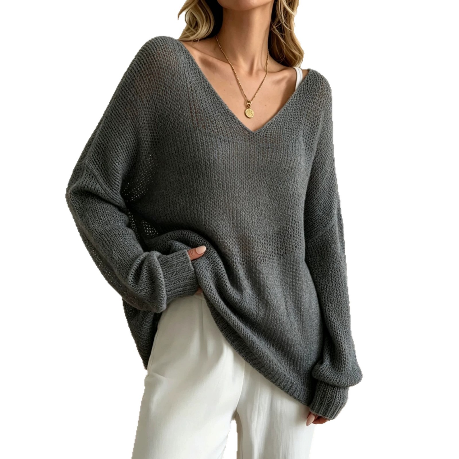 Women's Open Knit V-Neck Bell Sleeve Top