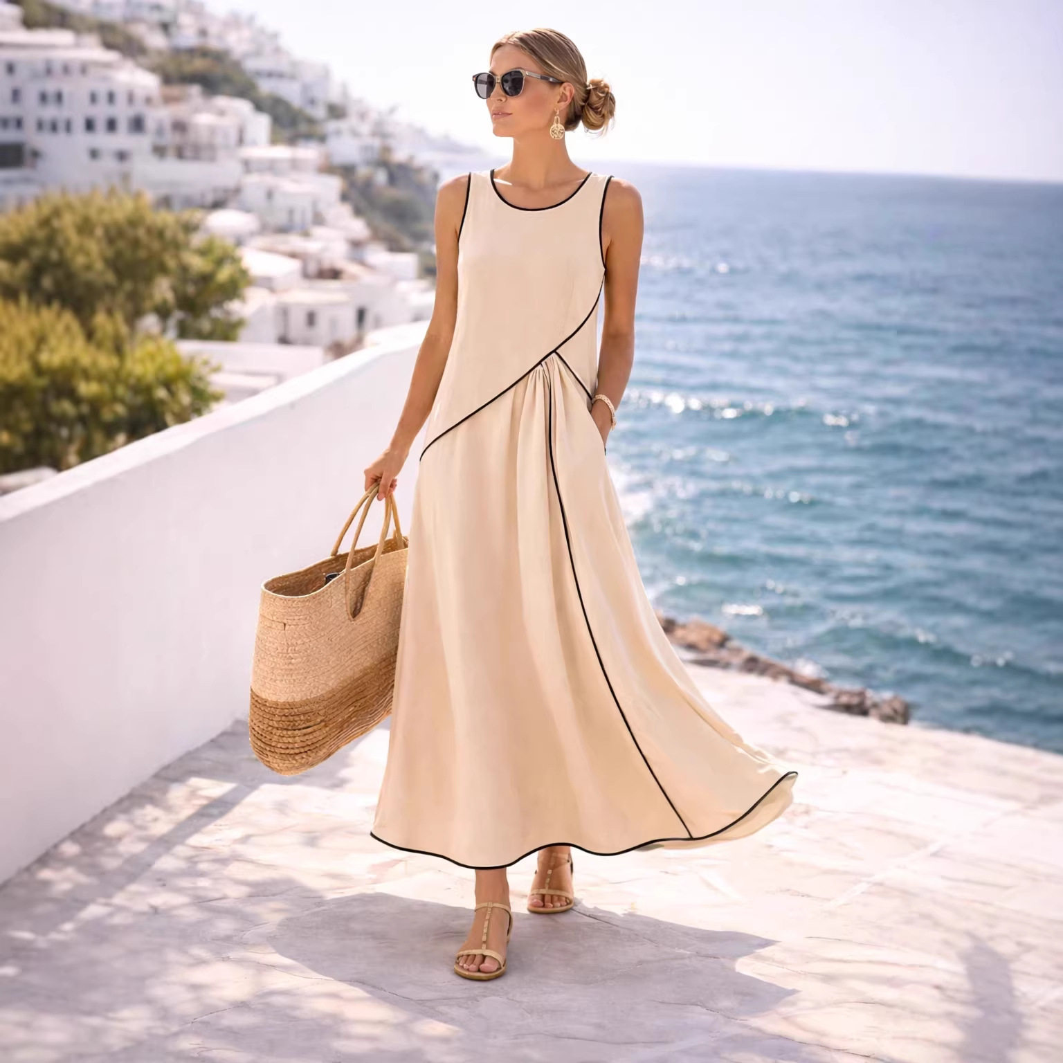 Mediterranean Vacation A-Line Dress with Contrast Trim