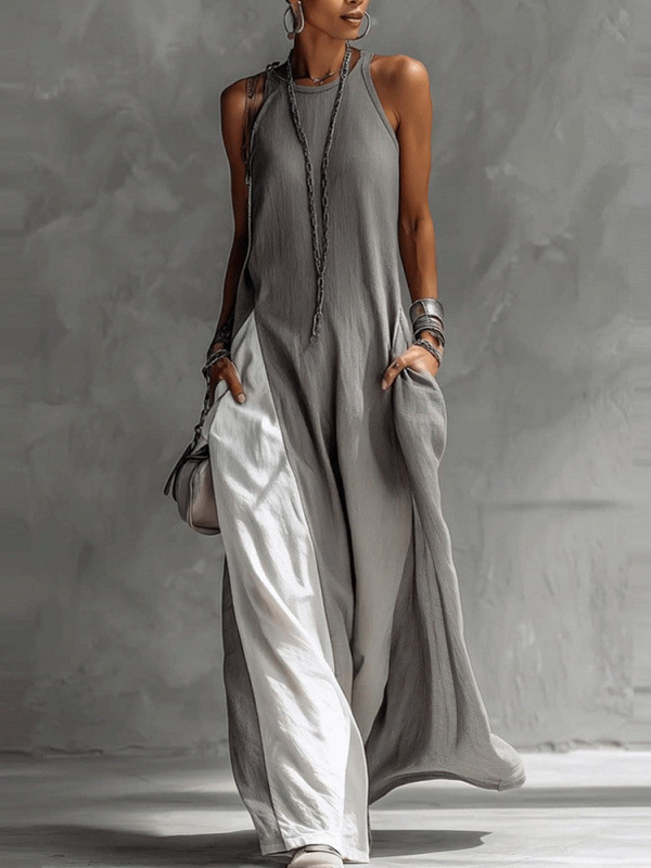 Women's Sleeveless Off-Shoulder Color-Block Dress with Pockets
