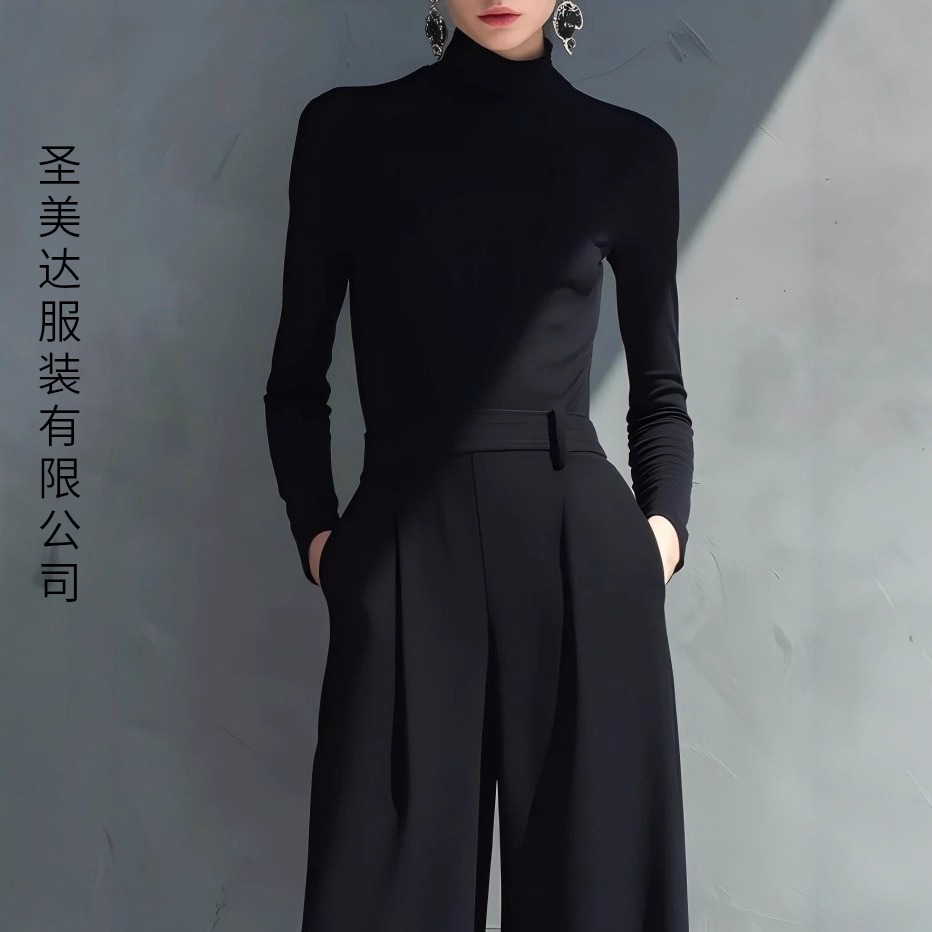 Classic Black Long Sleeve High Neck Wide Leg Casual Pant Set