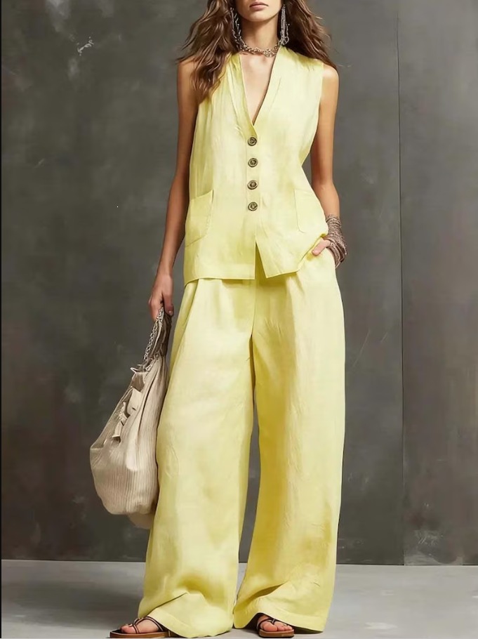 Women's Sleeveless Vest Top and Wide-Leg Pants Cotton-Linen Two-Piece Set