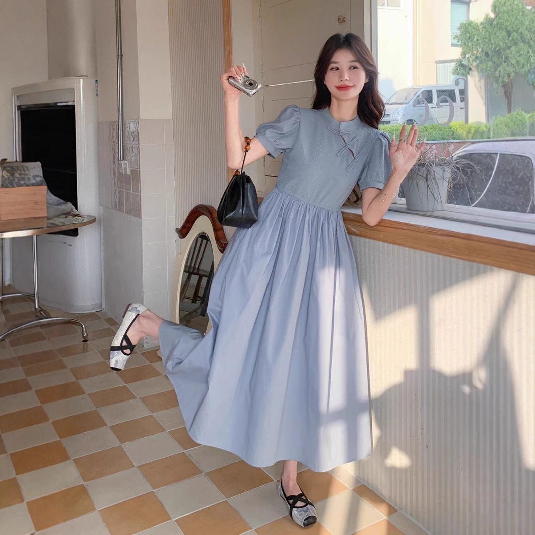 Blue New Chinese Style Dress Summer Short Sleeve A-Line Long Qipao-Inspired