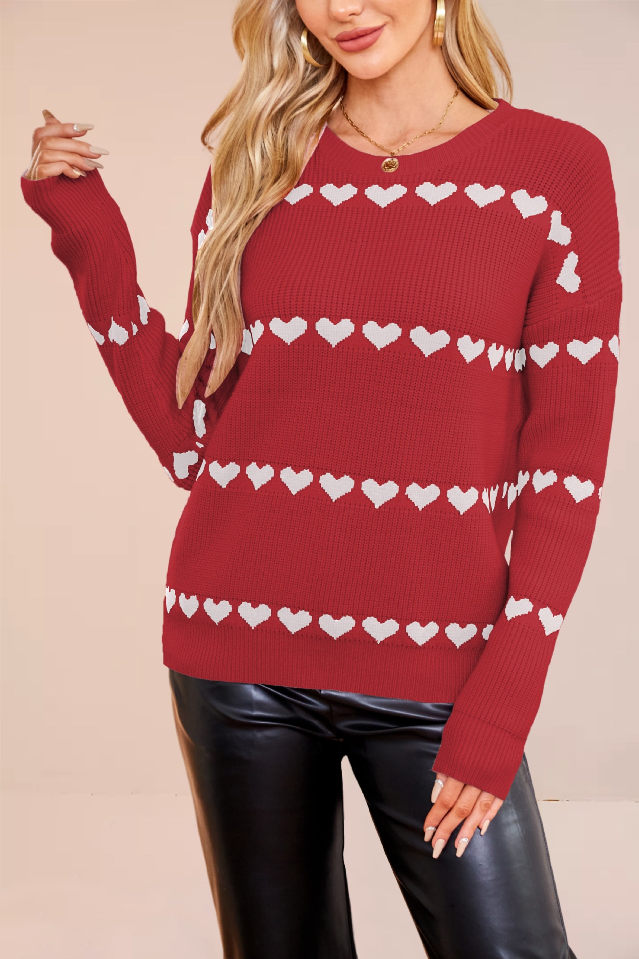 Heart Print Pullover Knit Sweater Oversized Crew Neck Long Sleeve