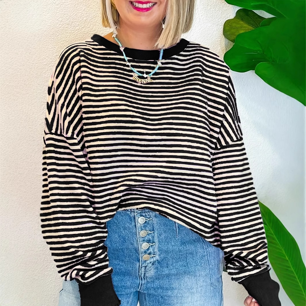 Women's Striped Long Sleeve Pullover Sweatshirt Loose Fit