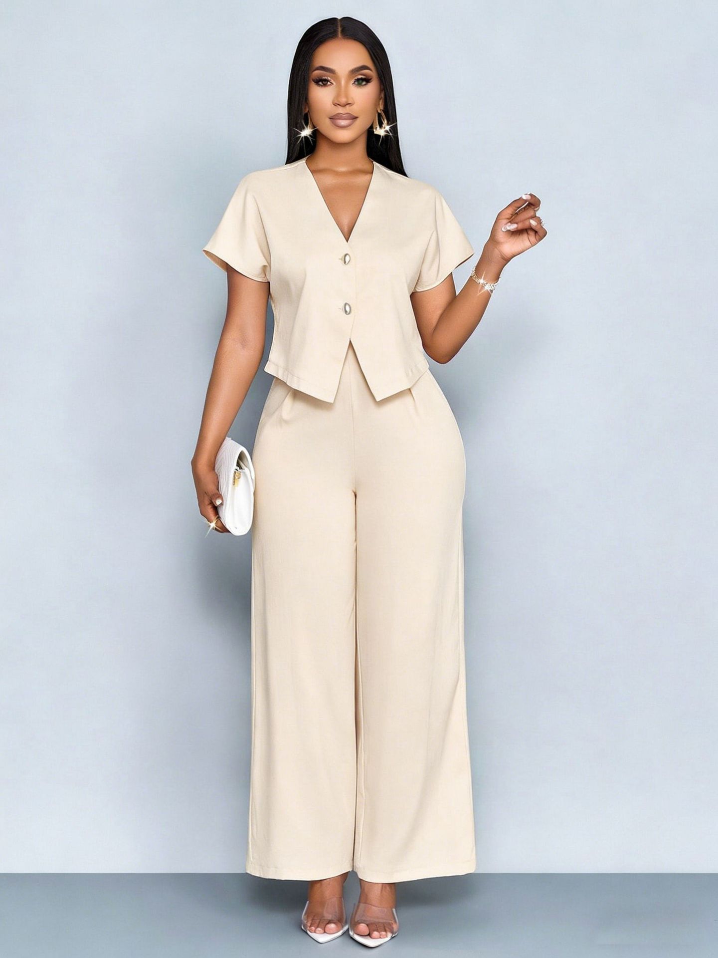 Women's V-Neck Asymmetric Cardigan & Wide-Leg Pants Plus Size Casual Two-Piece Set