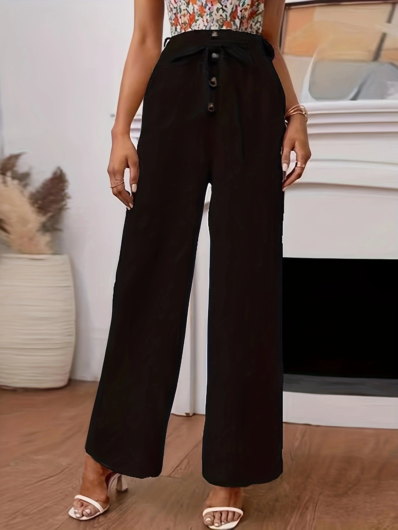 Women's Solid Cotton-Linen Wide-Leg Pants with Elastic Waist