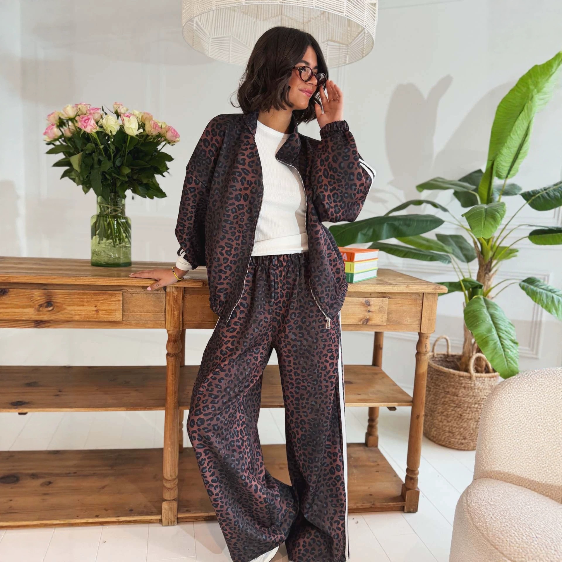Leopard Print Striped Track Jacket and Pants Set