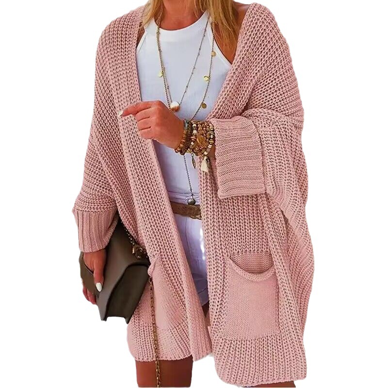 Solid Color Loose Knit Cardigan with Batwing Sleeves, Mid-Length