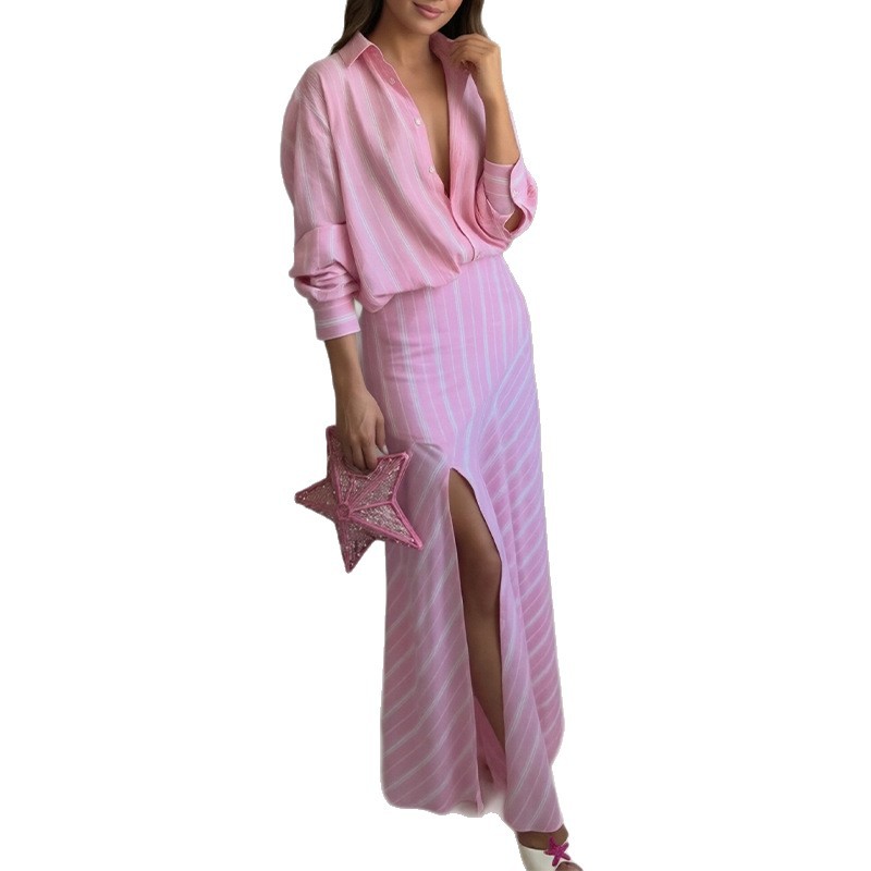 Women's Striped Long-Sleeve Shirt and Skirt Set