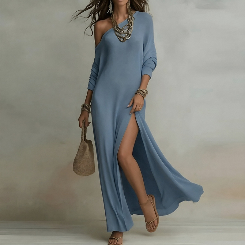 Women's Summer French Casual Slim Fit Solid One-Shoulder Slit Dress
