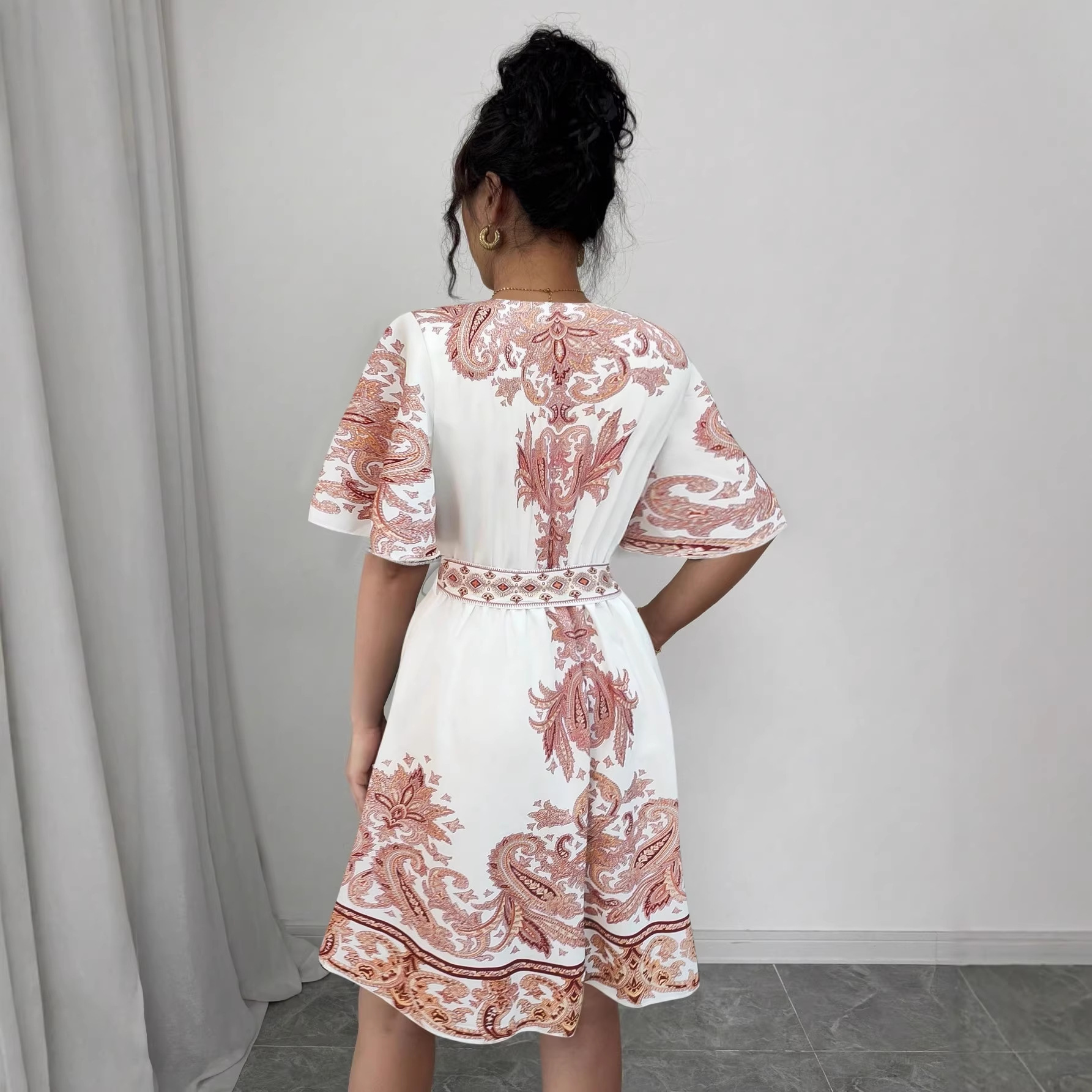 Bohemian V-Neck Tie-Waist Floral Print Vacation Dress