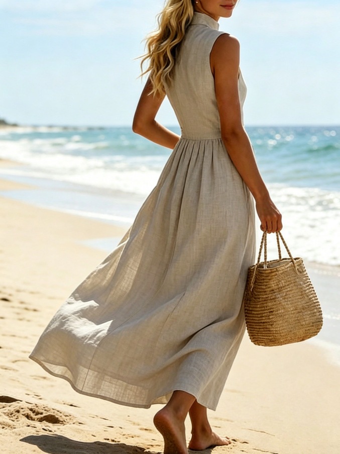 French Stand Collar Sleeveless Linen A-Line Midi Dress