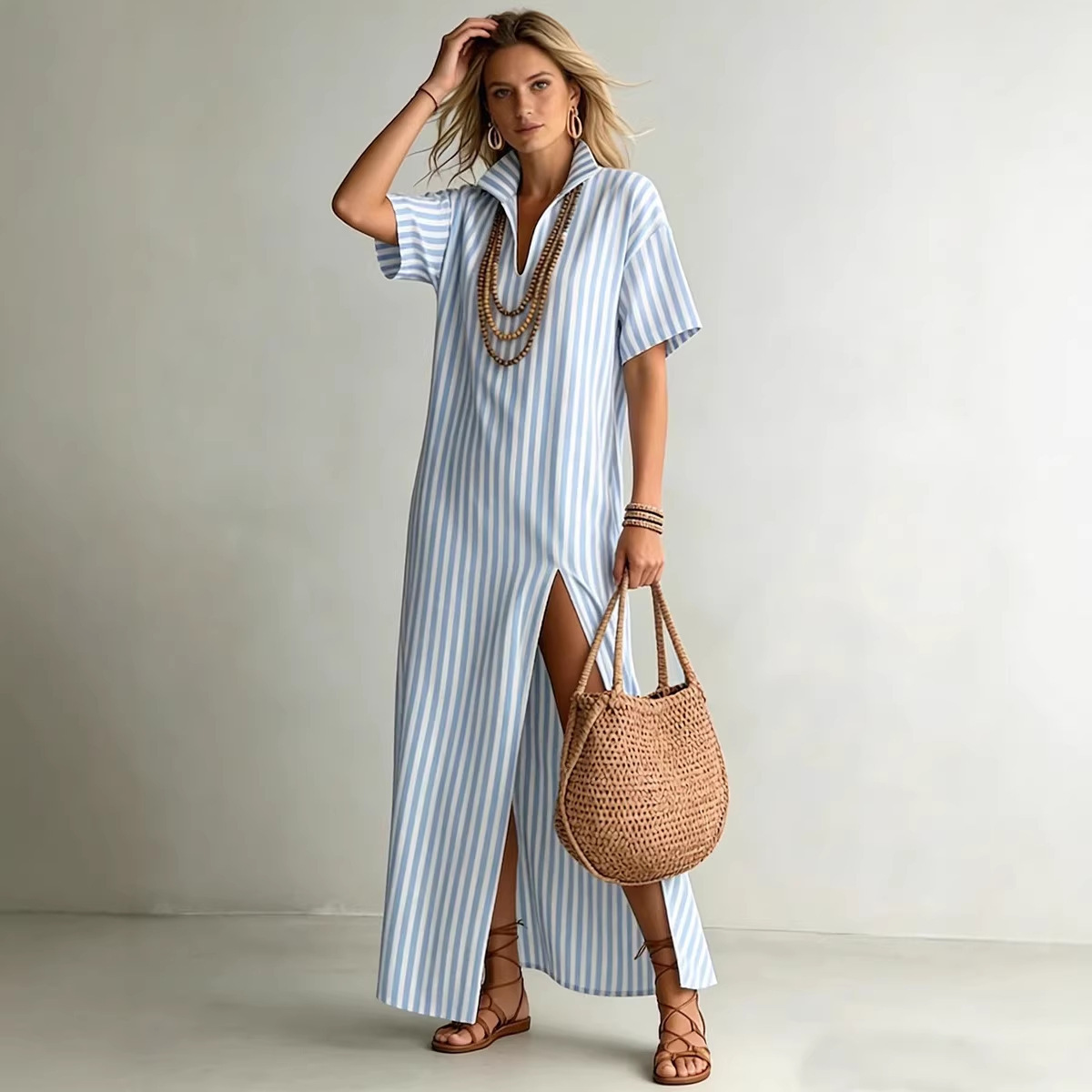 Women's Summer V-Neck Short Sleeve Striped Slit Cotton-Linen Dress
