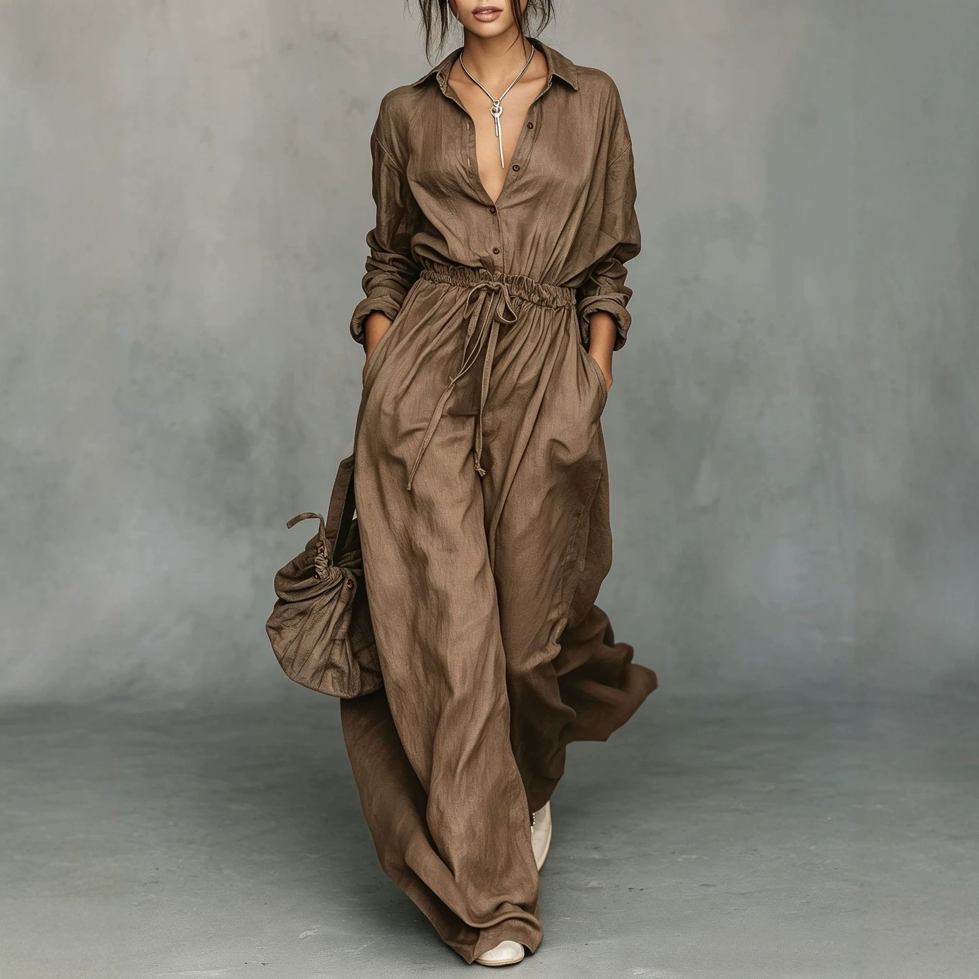 Minimalist Long-Sleeve Tie-Waist Two-Piece Set