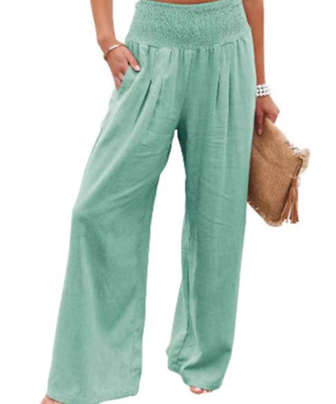 Women's Cotton Linen Wide-Leg Pants Smocked Mid-Rise Boho Casual