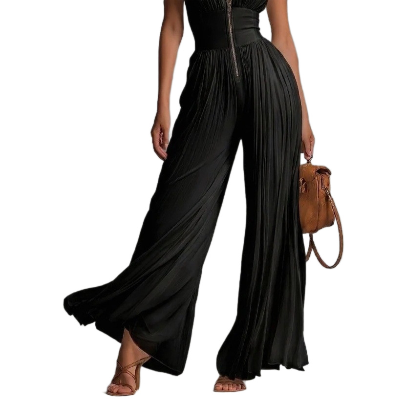 White Pleated Halter Wide-Leg Jumpsuit