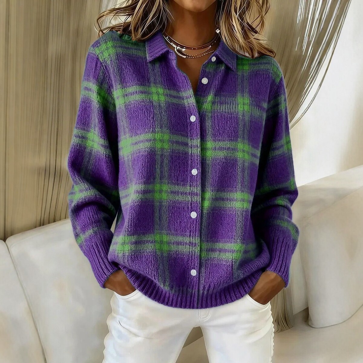 Women's Plaid Long Sleeve Collared Cardigan Sweater