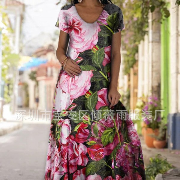 Women's Digital Print Casual Dress with Lantern Sleeves