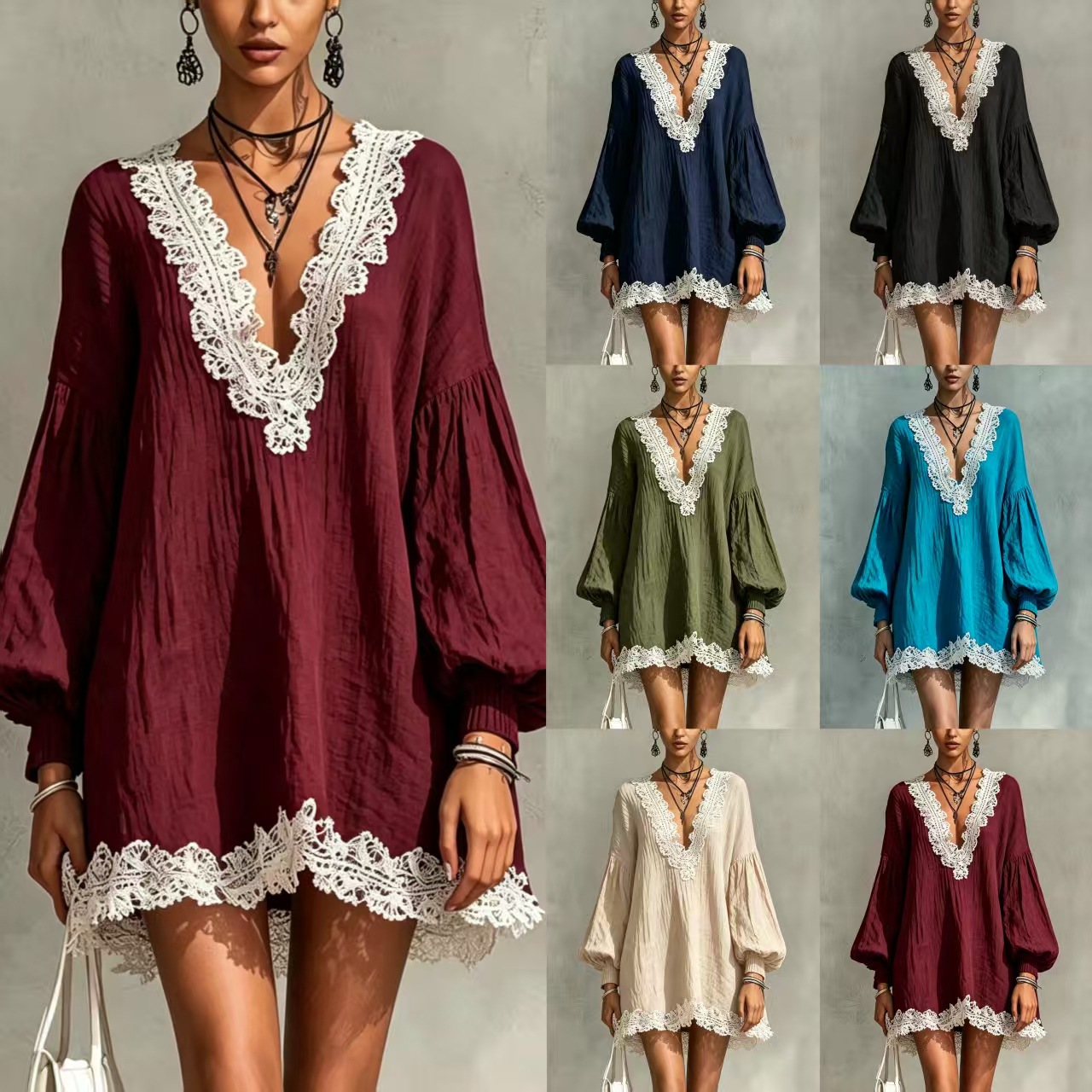Color-Block V-Neck Lace Trim Lantern Sleeve Loose Dress