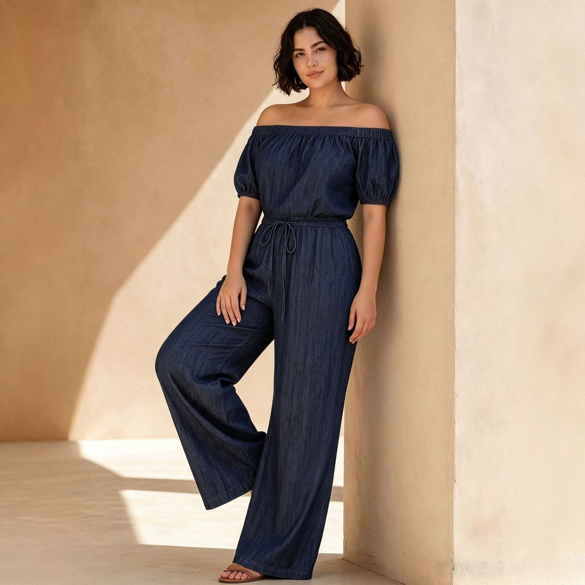 Women's Off-Shoulder Short-Sleeve Cropped Shirt and Tie-Waist Wide-Leg Pants Set