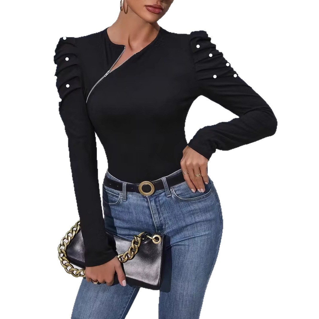 Elegant Pearl Beaded Puff Sleeve Asymmetric Zip T-Shirt