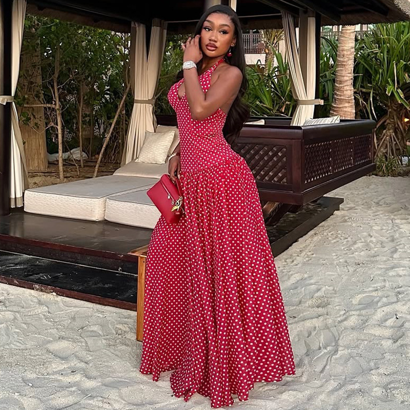 Polka Dot Halter Open Back Slimming Midi Dress