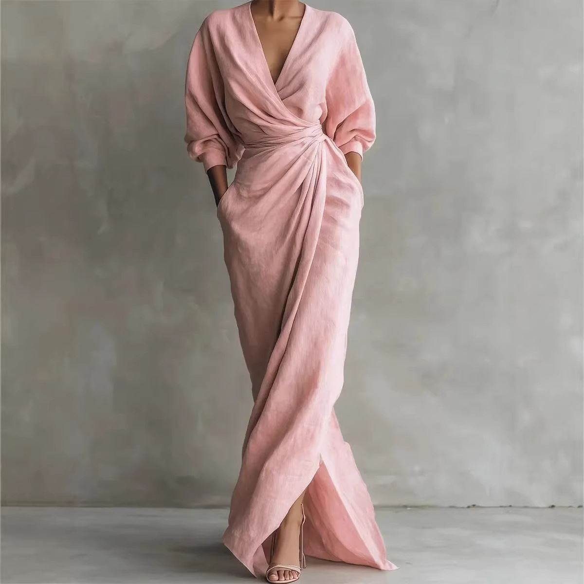Elegant Solid V-Neck Long Sleeve Slit Waist Pocket Long Dress