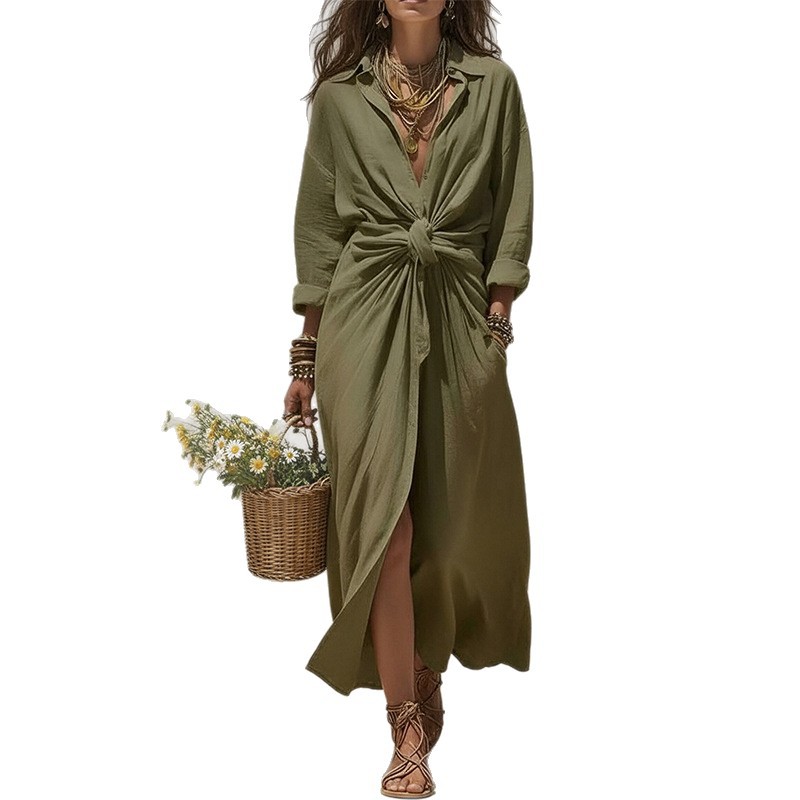 Women's Solid V-Neck Knot Slit Midi Dress