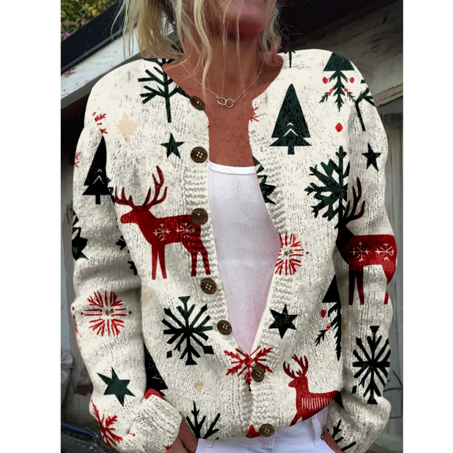 Women's Christmas Santa Print Button Cardigan Sweater