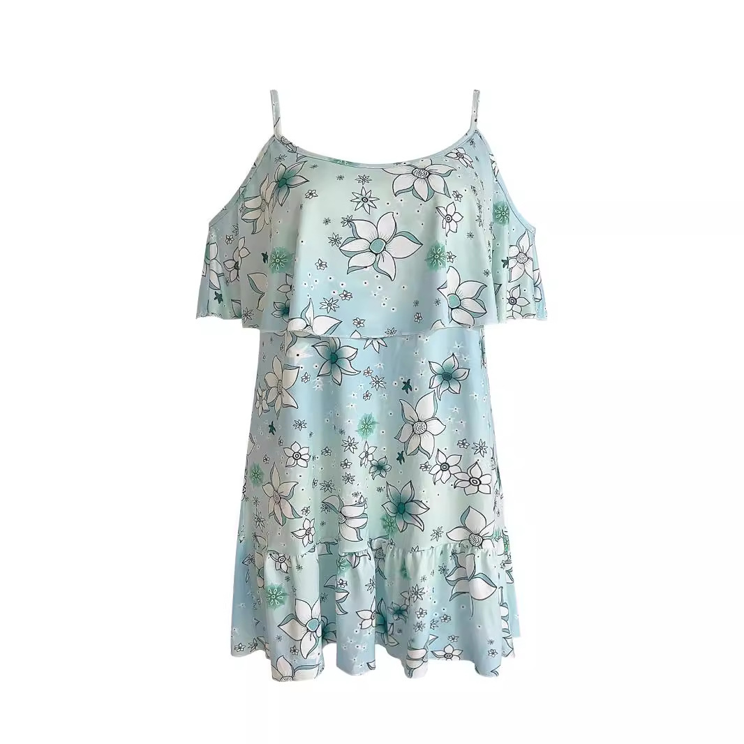 Bohemian Floral Print Cold-Shoulder Ruffle Cami Dress