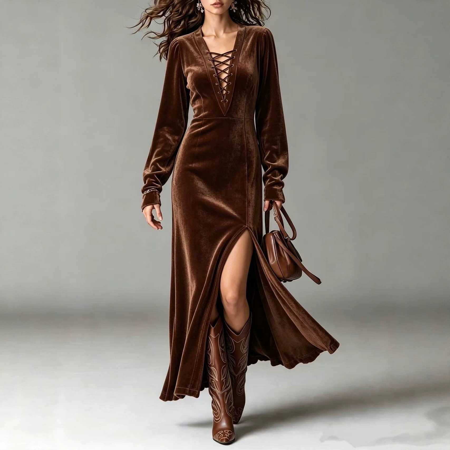 Solid Velvet Cross-Front Long Sleeve A-Line Dress