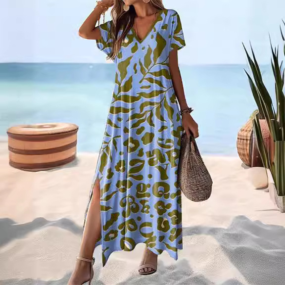 V-Neck Short Sleeve High Waist Floral Print Midi Dress