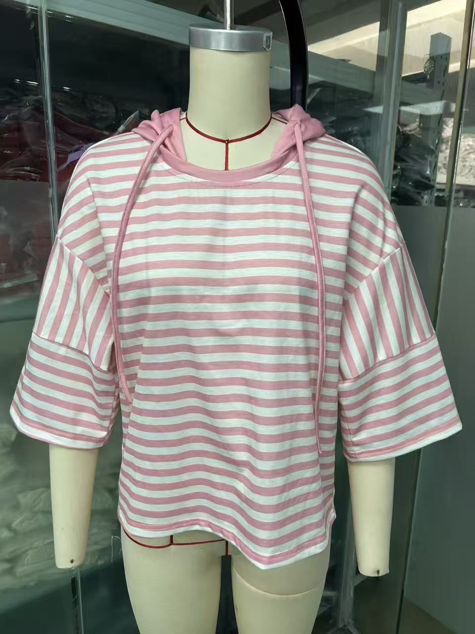 Women's Loose Striped Hooded 3/4 Sleeve Pullover Hoodie