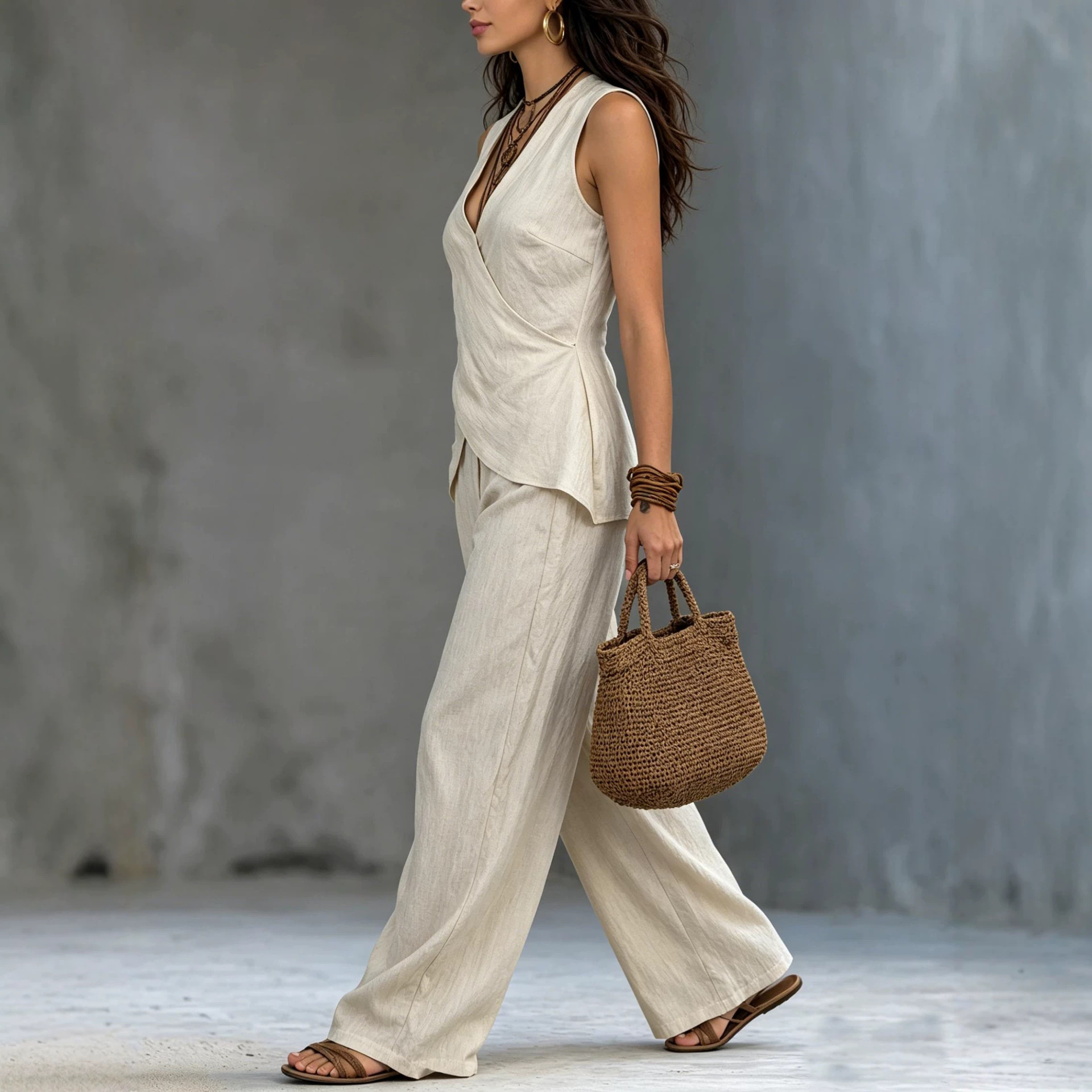 Linen-Blend Two-Piece Set Sleeveless V-Neck Top and Wide-Leg Pants