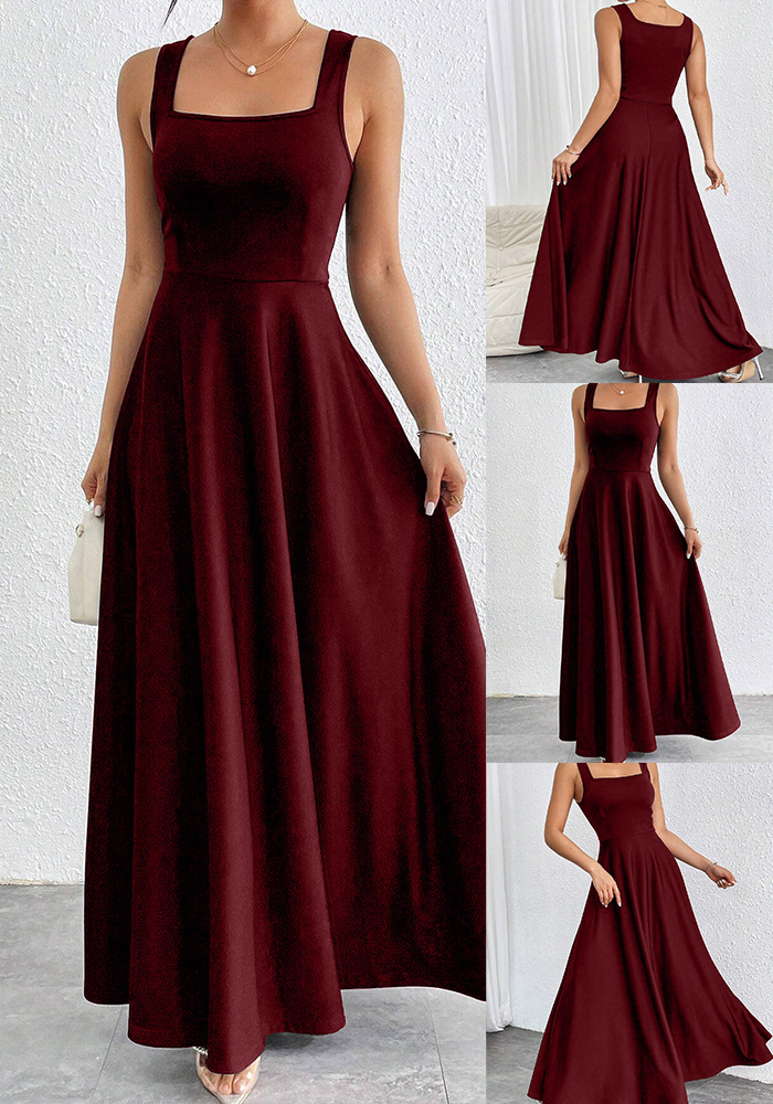 Elegant Square Neck Sleeveless Solid Color Maxi Dress