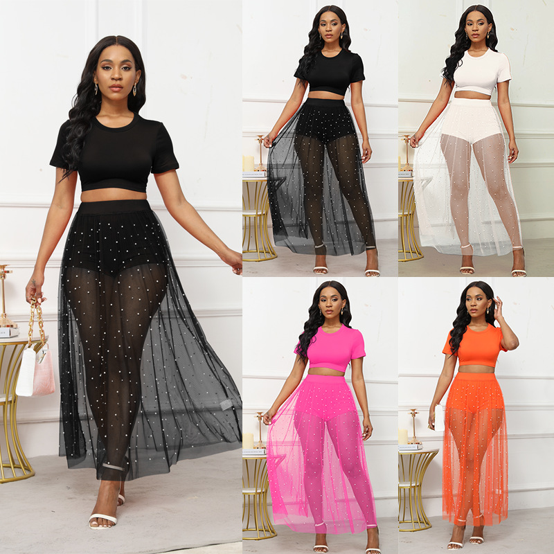 Beaded Sheer Mesh 3-Piece Skirt Set with Crop Top