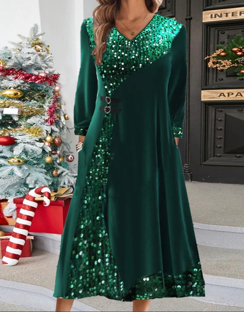 Sequin V-Neck Long Sleeve Midi Dress