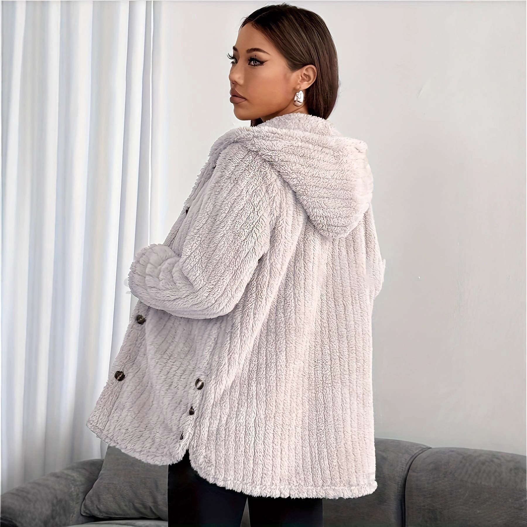 Striped Hooded Button Cardigan Plush Coat Loose Warm