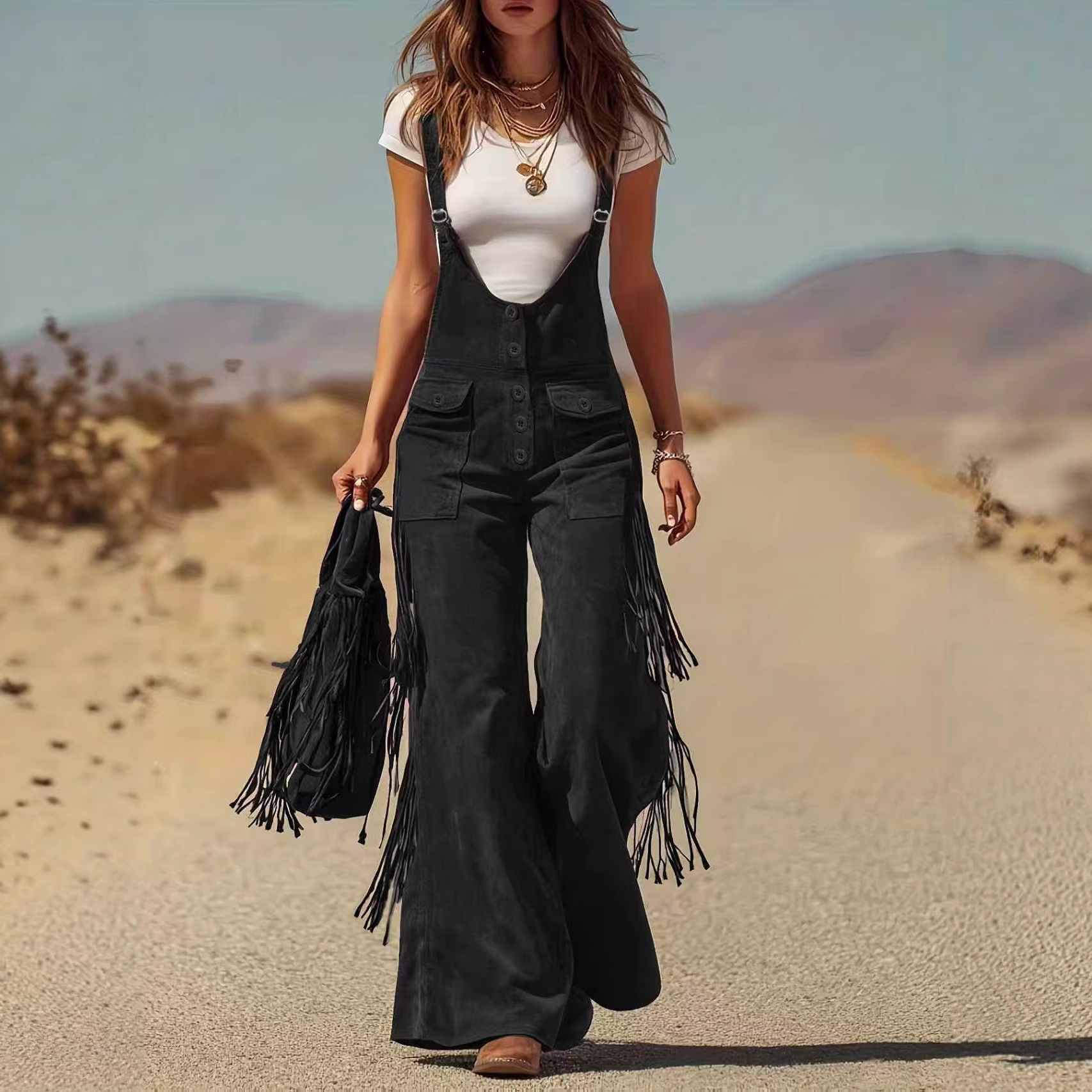 Retro Western Faux Suede Fringe Wide-Leg Overalls
