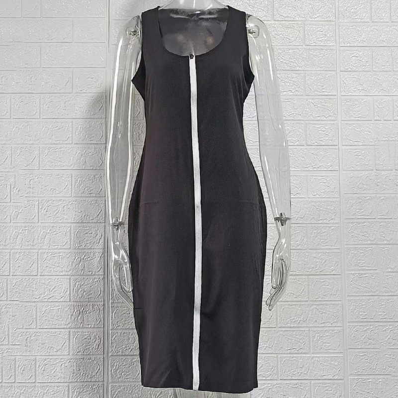Black Bodycon Mini Dress with Zip Front, Sleeveless High Waist