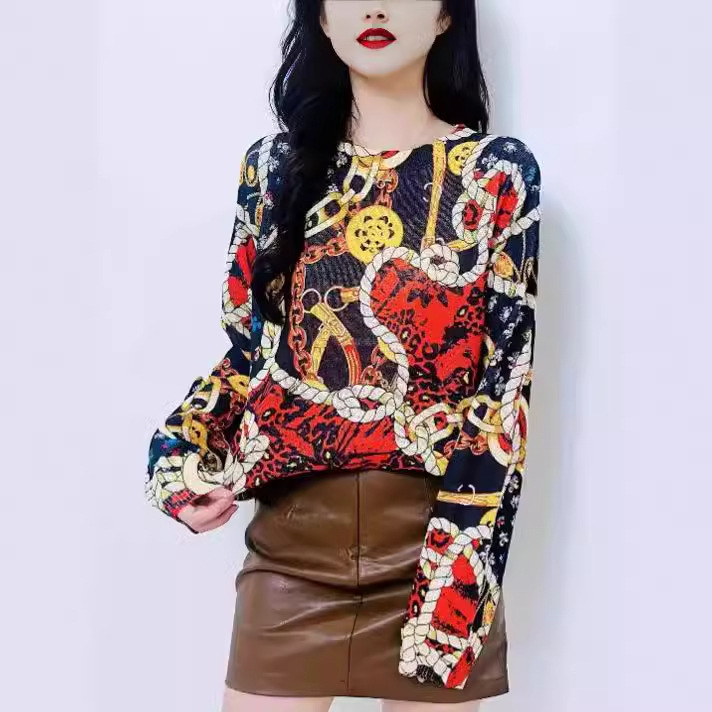 Women's Vintage Chain Print Knit Pullover Sweater Long Sleeve Crew Neck Color Block