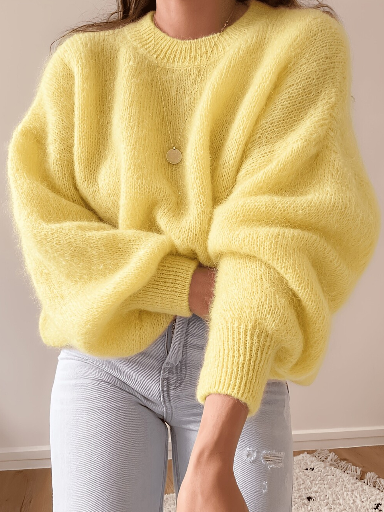 Women's Solid Color Lantern Sleeve Knit Pullover Sweater Loose Fit