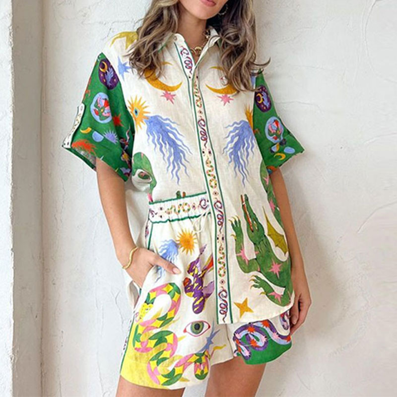 Women's Printed Tie-Front Shirt and Shorts Set Casual Vacation Outfit