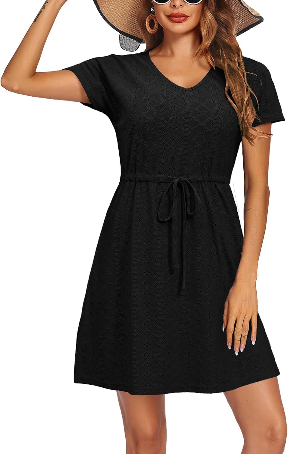Women's Cutout Waist V-Neck Short Sleeve Beach Dress