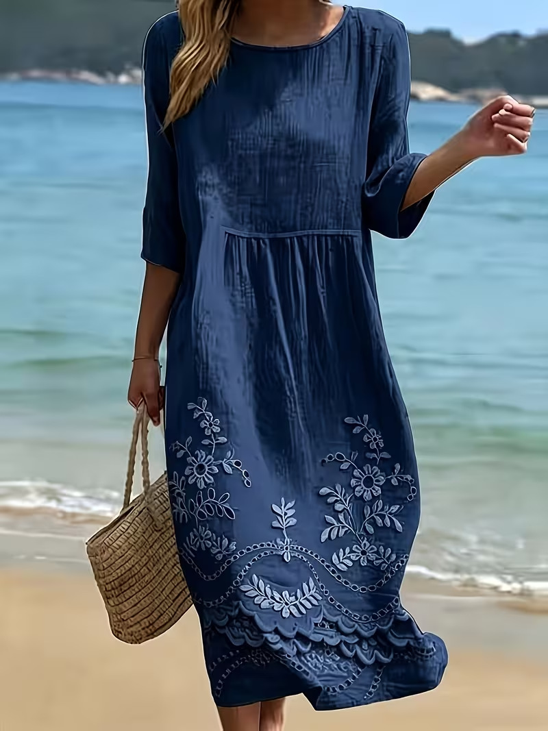 Women's Floral Print Pleated Midi Dress Round Neck Half Sleeve