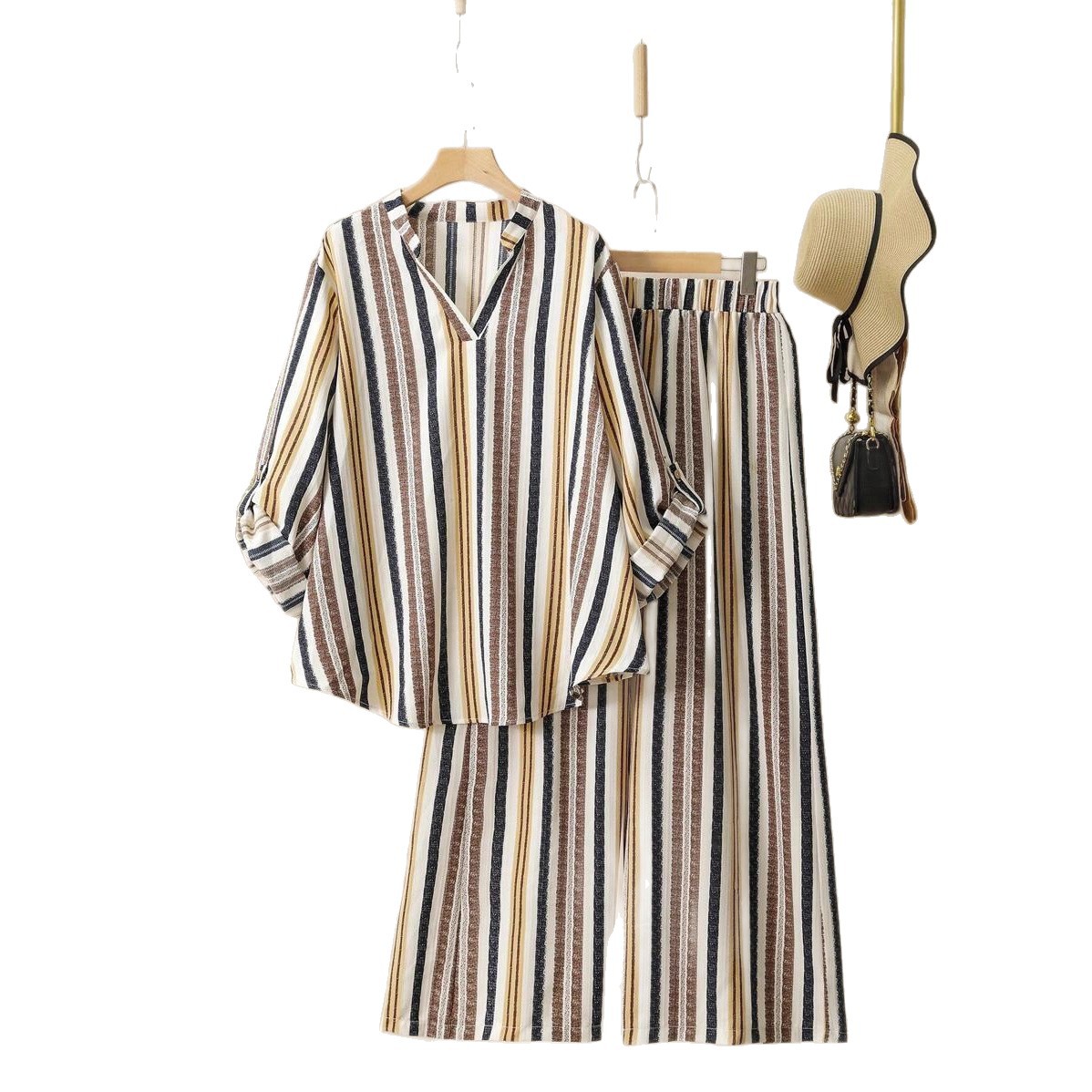 Striped Print V-Neck Long Sleeve Top and Pants Set