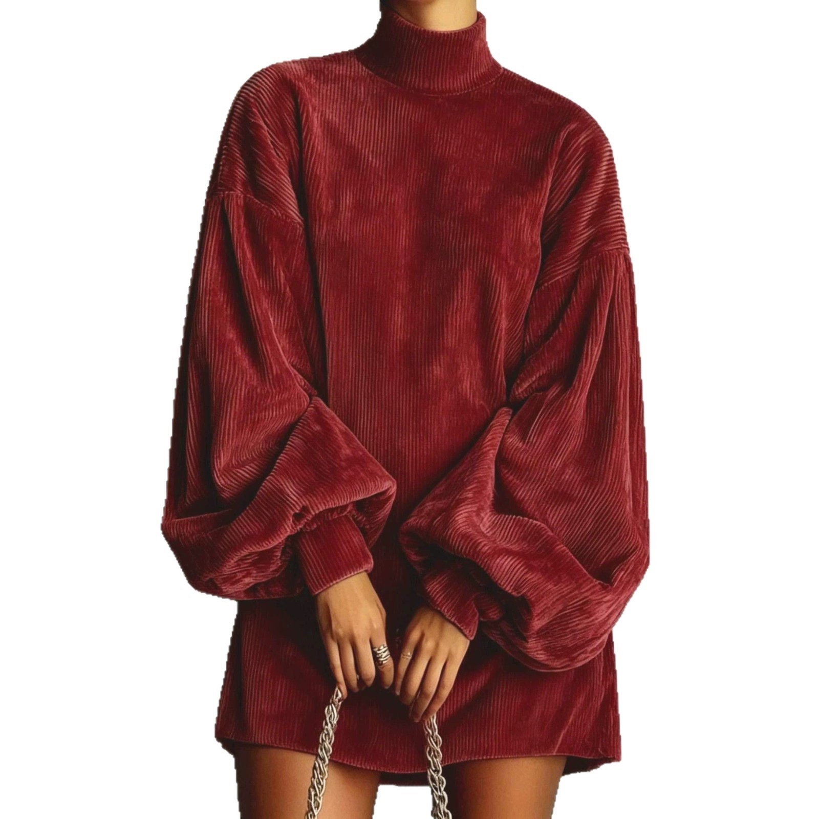 Women's Loose Lantern Sleeve A-Line Dress Corduroy Solid Color