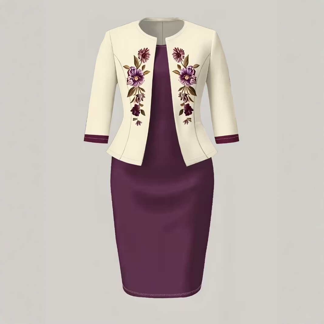 Floral Print Slim Fit Cropped Cardigan and Dress Set with Three-Quarter Sleeves